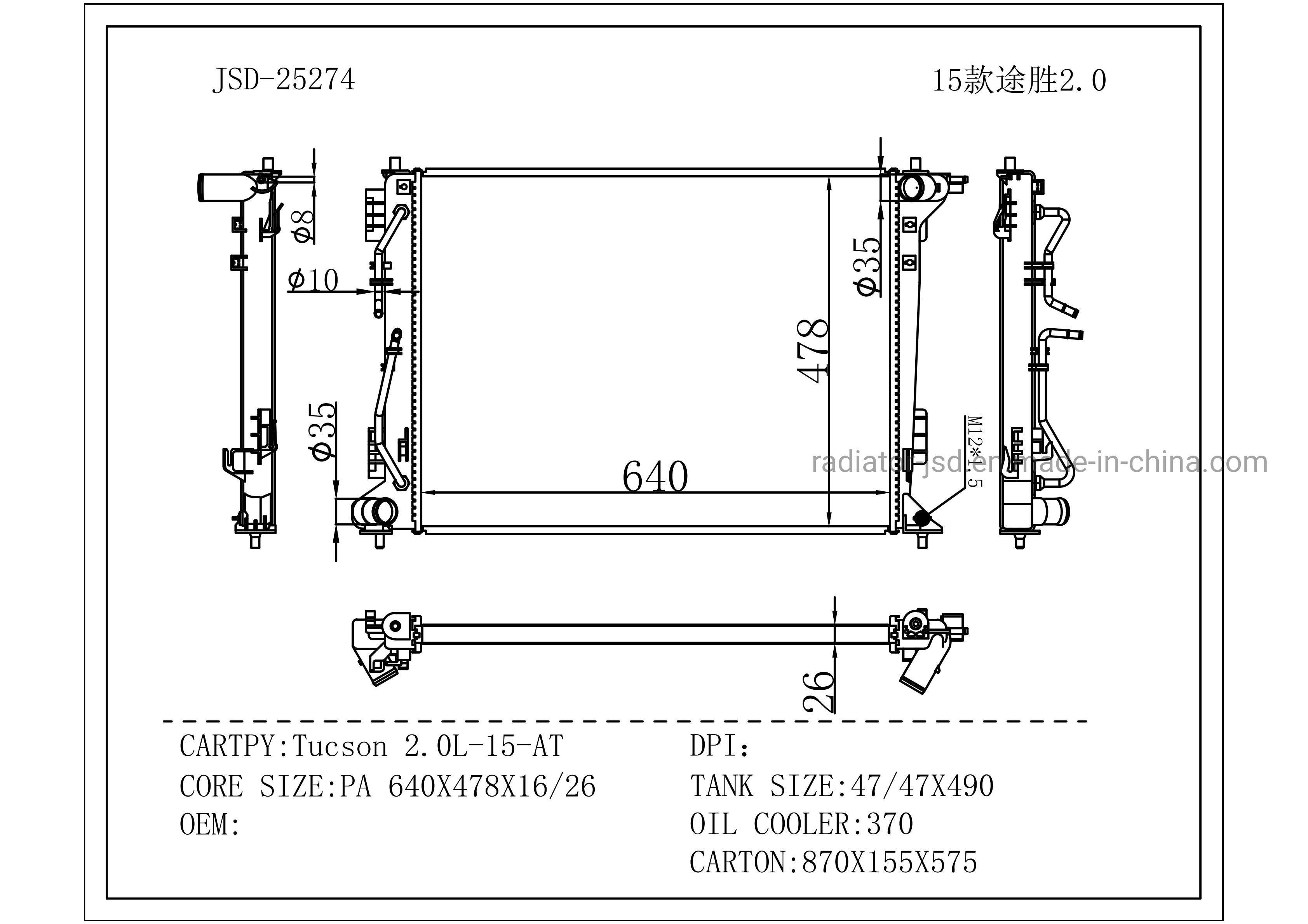 China Suppler Wholesale Price High Performance Aluminum Auto Radiator for Hyundai Tucson 2.0L 15 at