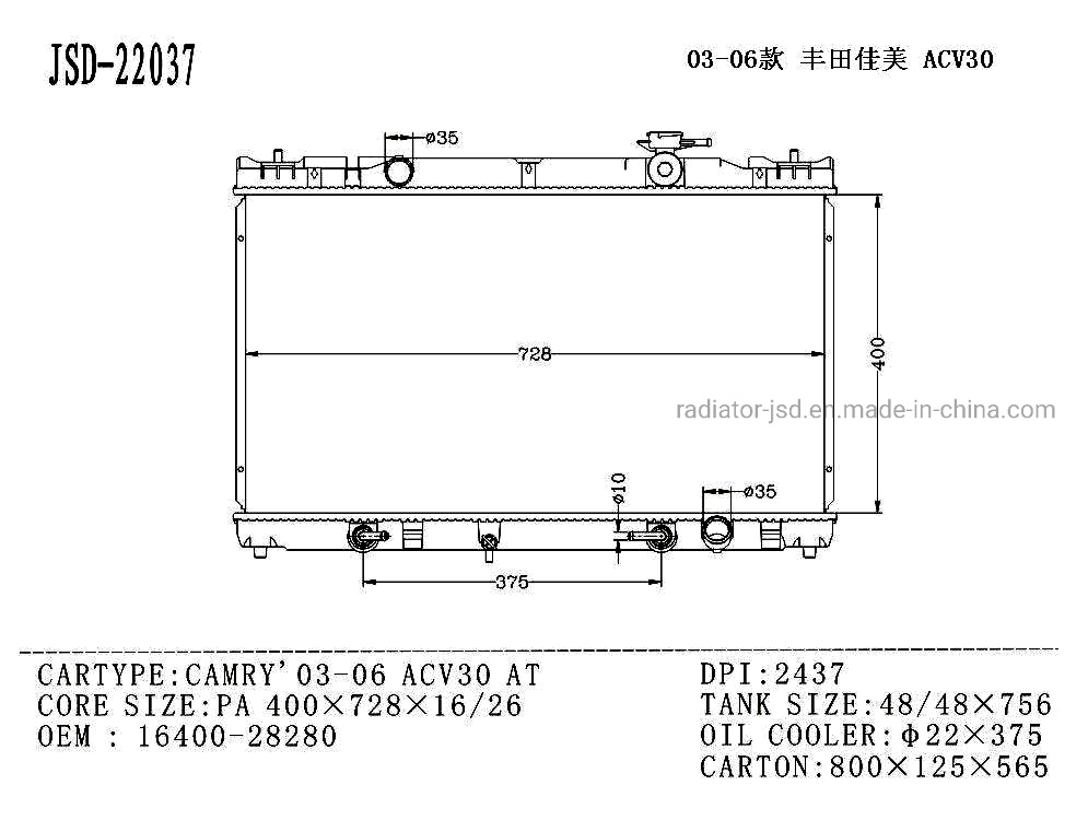 for Toyota Automotive Cooling System Aluminum Radiator for Camry′ 03-06 Acv30 at OEM 16400-28280
