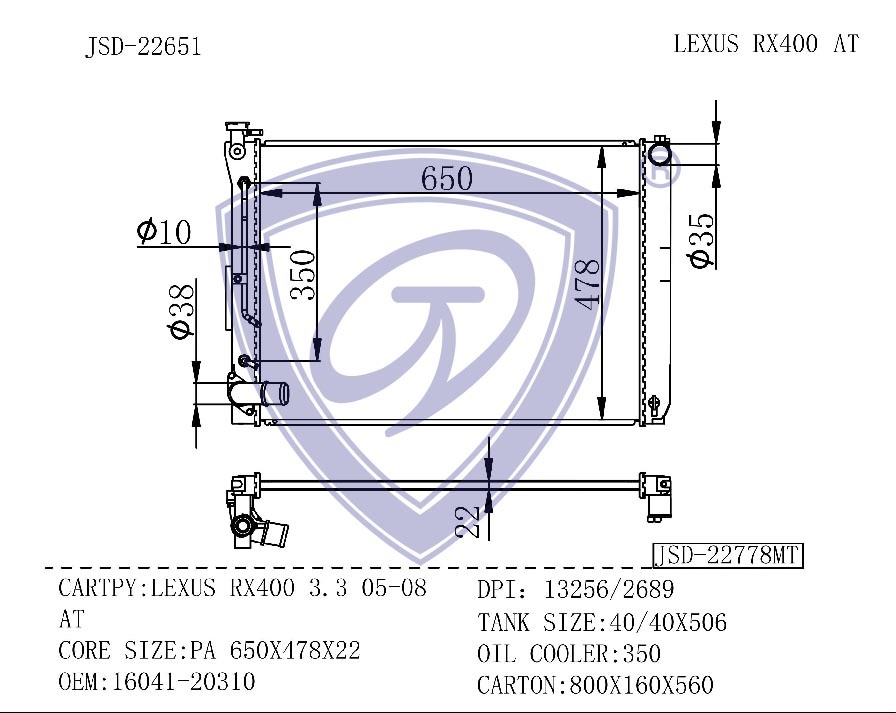 16041-20351 Aluminium Brazed Auto Radiator for Toyota Rx330/Rx350/Rx400