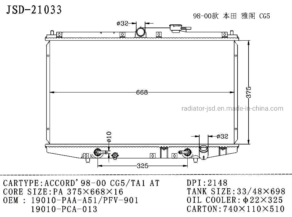 Aluminum Auto Cooling System Accord′98-00 Cg5/Ta1 at Radiator Wholesale 19010-PAA-A51