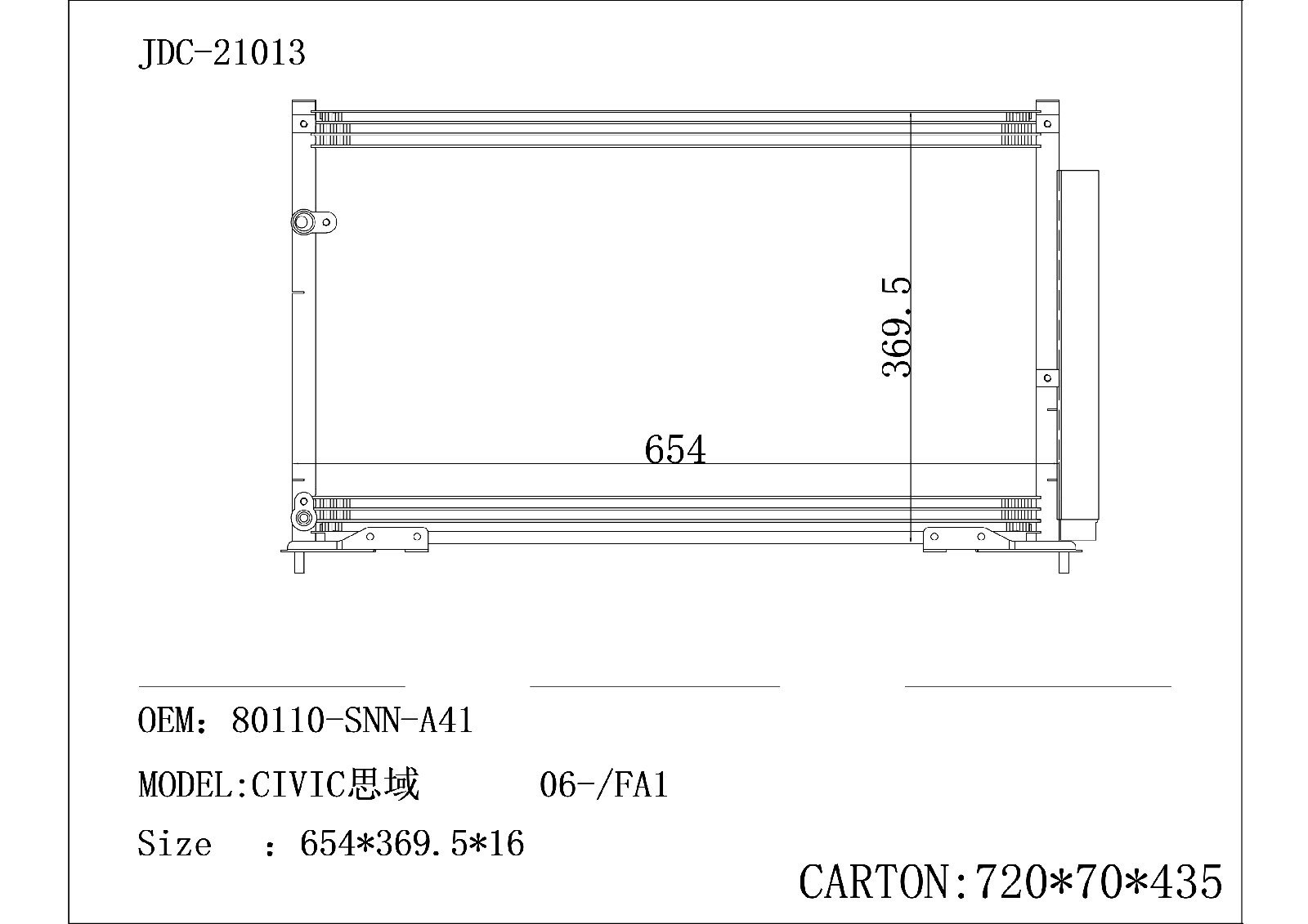 Auto Spare Parts Aluminum Car Condenser for Civic OEM: 80110-Snn-A41