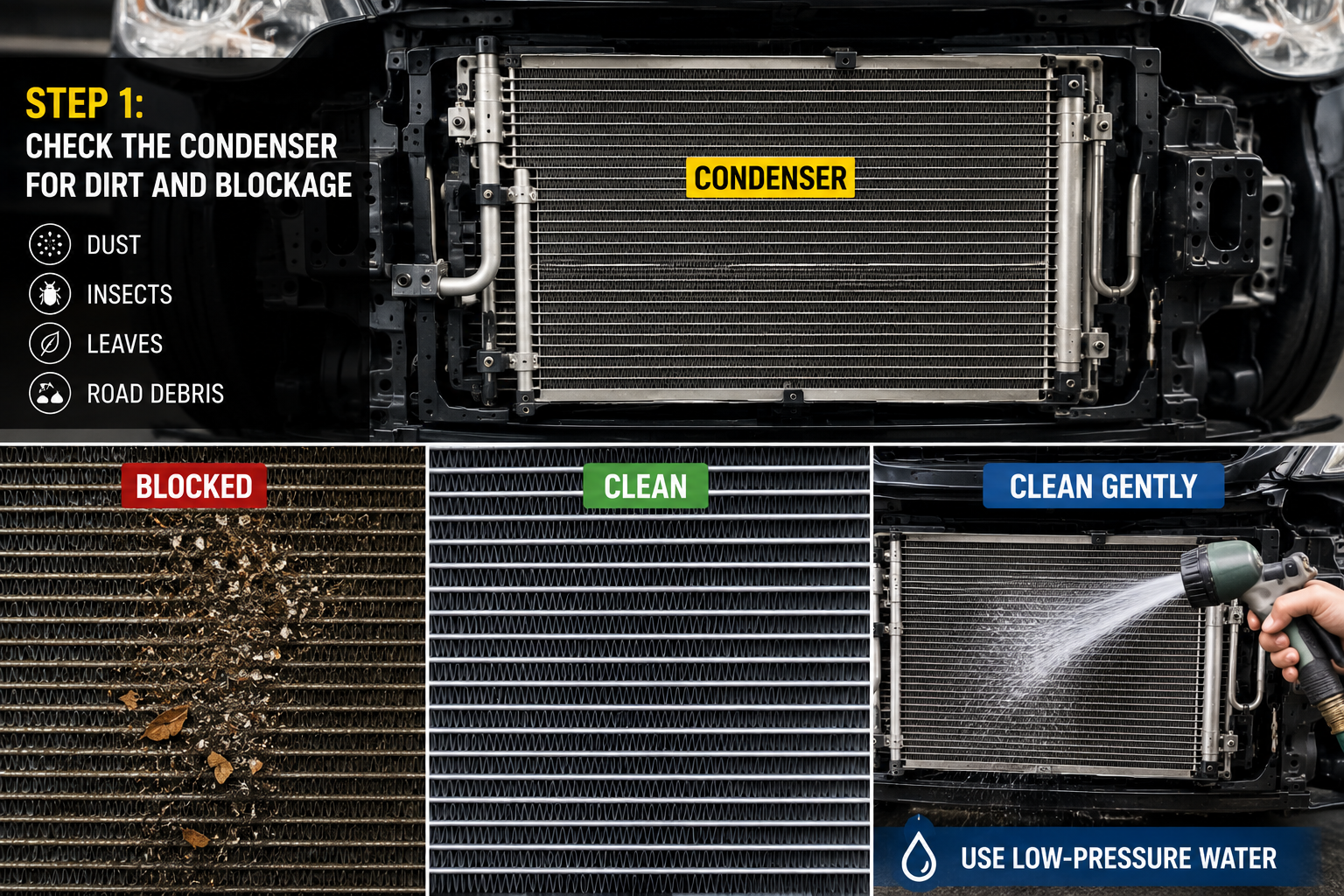 1, CHECK THE CONDENSER FOR DIRT AND BLOCKAGE.png
